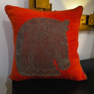 Vintage Jonathan Adler Vibrant Orange Graphite Beaded Horse Pillow